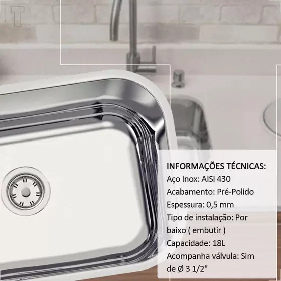 CUBA INOX TRAMONTINA 94083/507 47X30X14,5 RETANGULAR PRE POLIDA Nº1 STANDARD 31/2 SEM LADRAO COM VALVULA